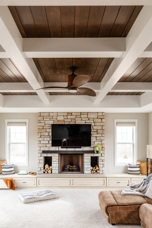 Wood Burning Fireplace Living Room Addition with Tray Ceiling 