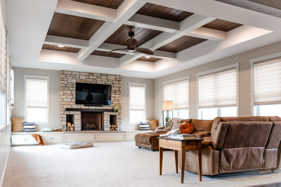 Wood Burning Fireplace Living Room Addition with Tray Ceiling 