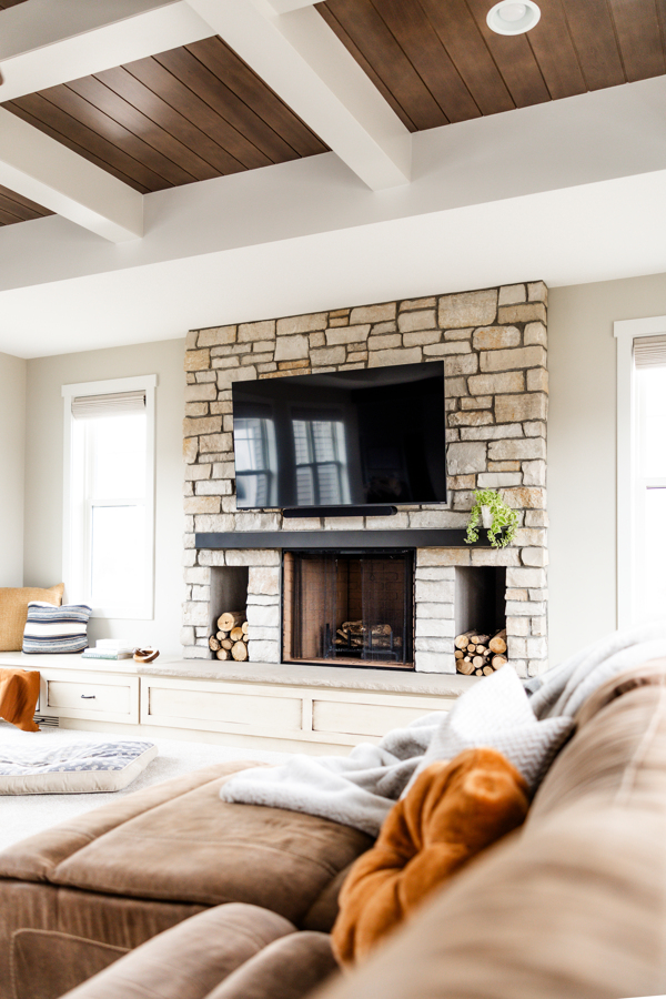 Wood Burning Fireplace Living Room Addition with Tray Ceiling 